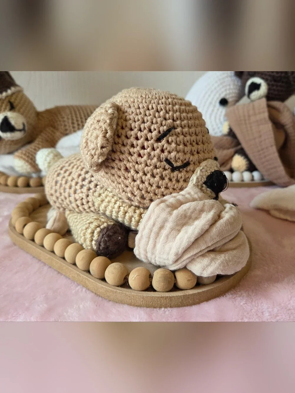 Handmade Baby Shower Centerpiece Crochet Sleeping Brown Bears with Blankets